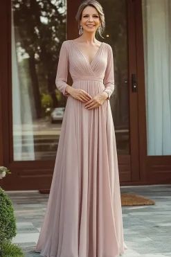 Chiffon V Pescoço Champagne Mãe do Vestido de Noiva com 3/4 Mangas