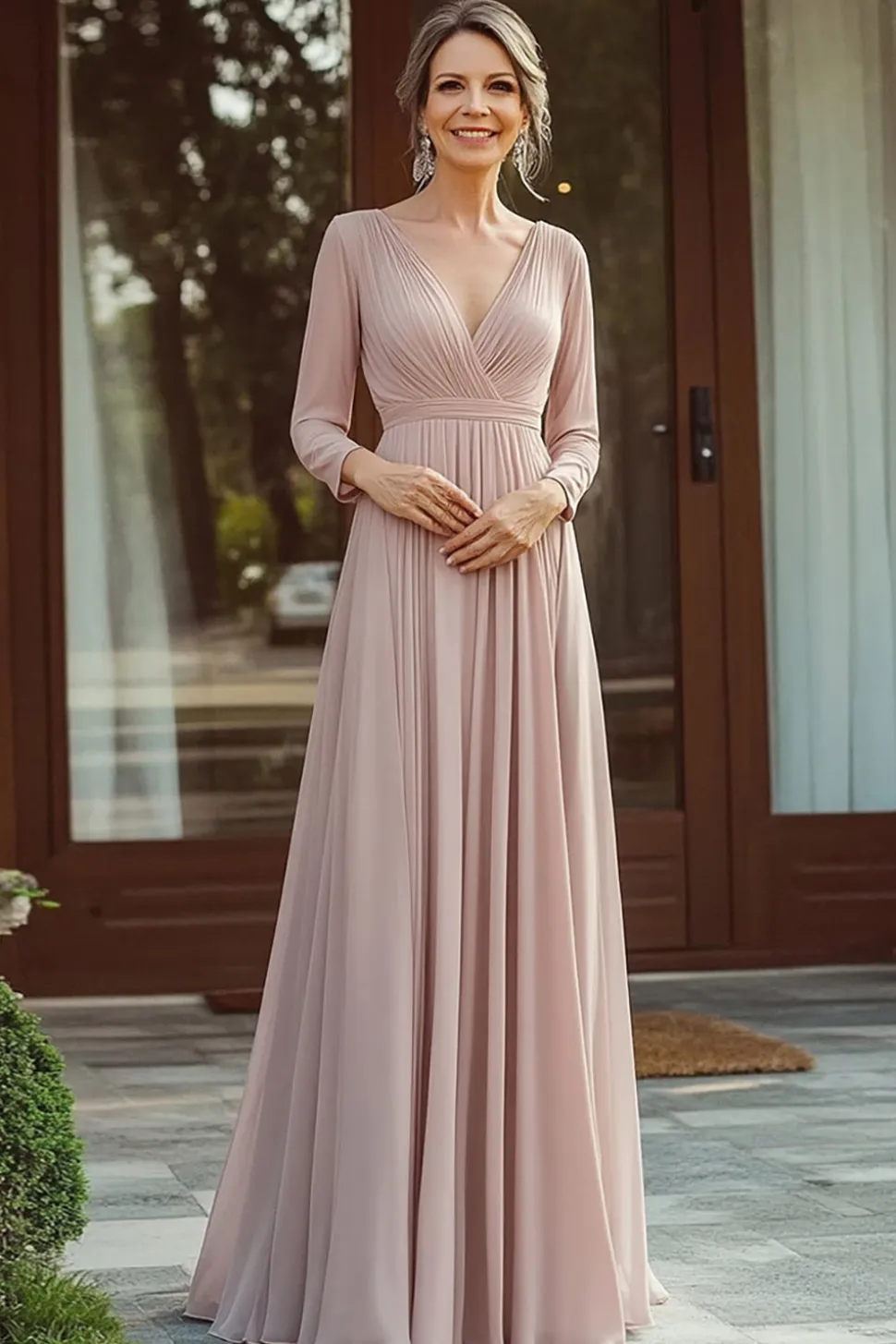 Chiffon V Pescoço Champagne Mãe do Vestido de Noiva com 3/4 Mangas