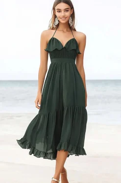 Chiffon Verde Escuro Cabeçada Linha-A Midi Vestido de Verão