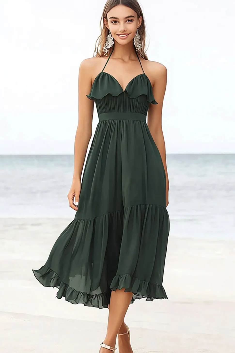 Chiffon Verde Escuro Cabeçada Linha-A Midi Vestido de Verão