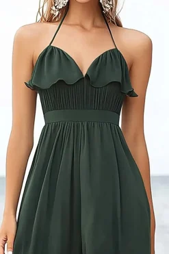 Chiffon Verde Escuro Cabeçada Linha-A Midi Vestido de Verão