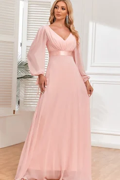 Chiffon V-Neck Blush Vestido Formal com Mangas Longas