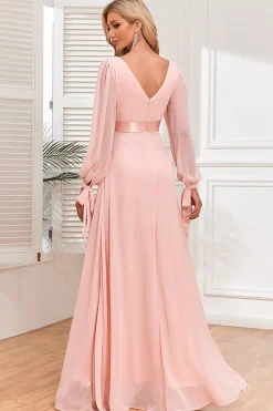 Chiffon V-Neck Blush Vestido Formal com Mangas Longas
