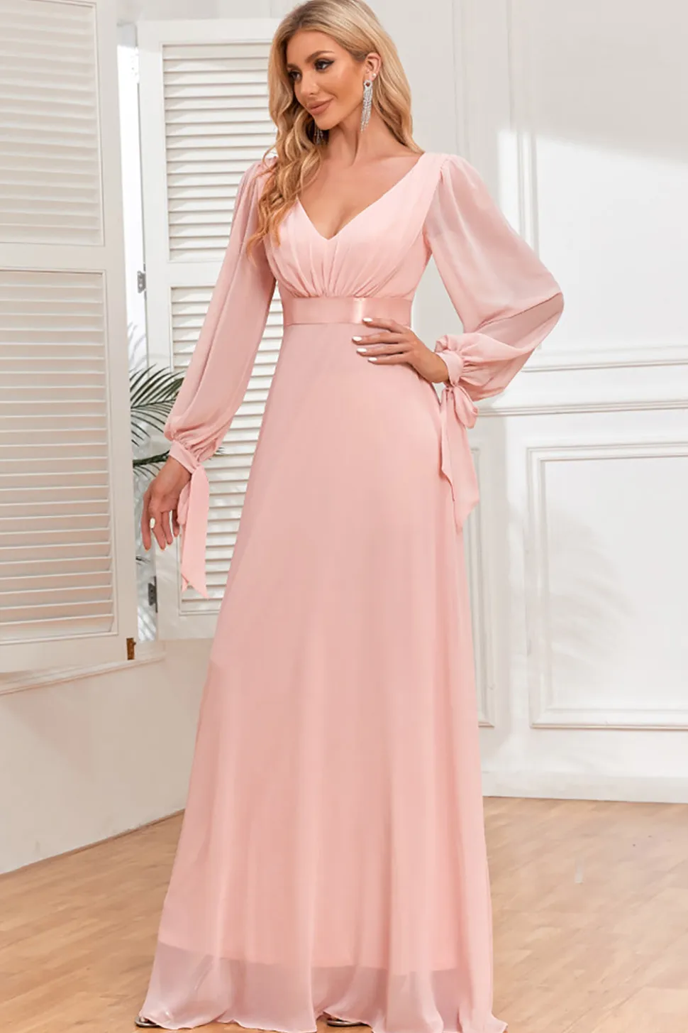 Chiffon V-Neck Blush Vestido Formal com Mangas Longas