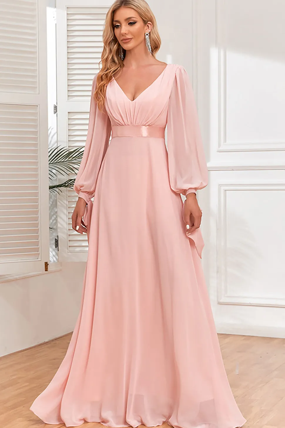 Chiffon V-Neck Blush Vestido Formal com Mangas Longas