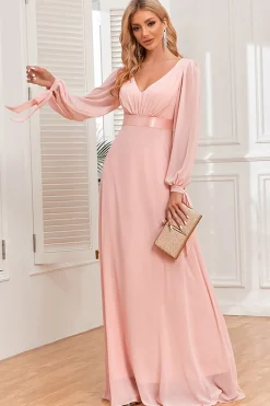 Chiffon V-Neck Blush Vestido Formal com Mangas Longas