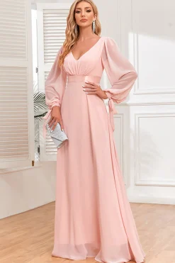 Chiffon V-Neck Blush Vestido Formal com Mangas Longas