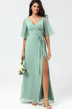 Chiffon V-neck Mint vestido de dama de honra com fenda