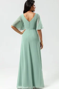 Chiffon V-neck Mint vestido de dama de honra com fenda