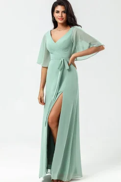 Chiffon V-neck Mint vestido de dama de honra com fenda