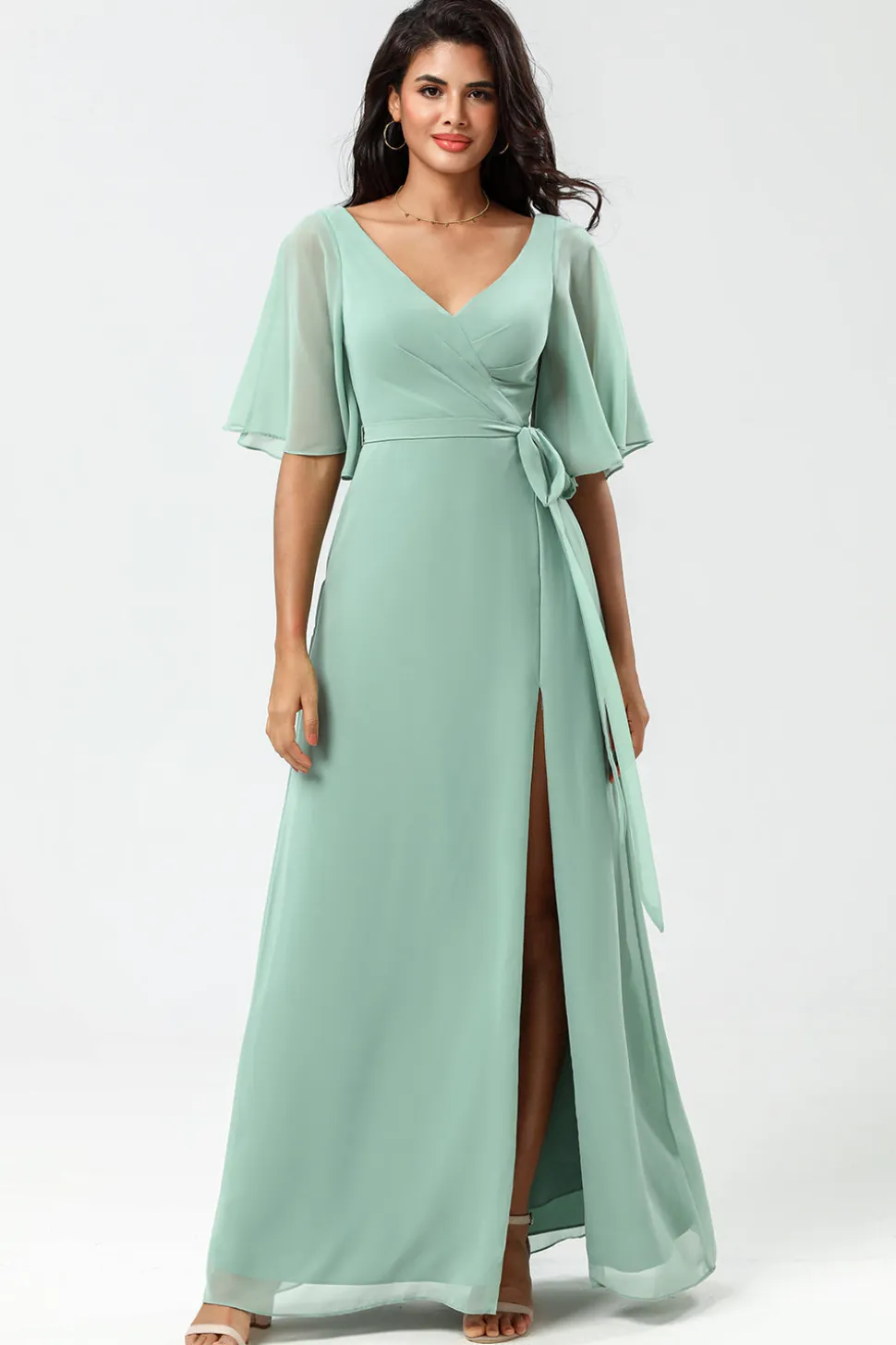 Chiffon V-neck Mint vestido de dama de honra com fenda