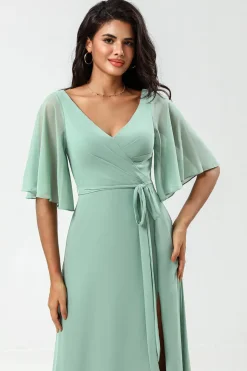 Chiffon V-neck Mint vestido de dama de honra com fenda