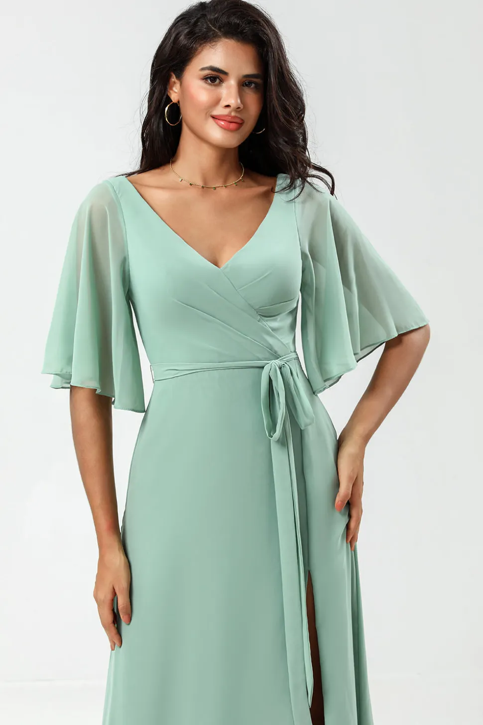 Chiffon V-neck Mint vestido de dama de honra com fenda