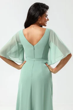 Chiffon V-neck Mint vestido de dama de honra com fenda