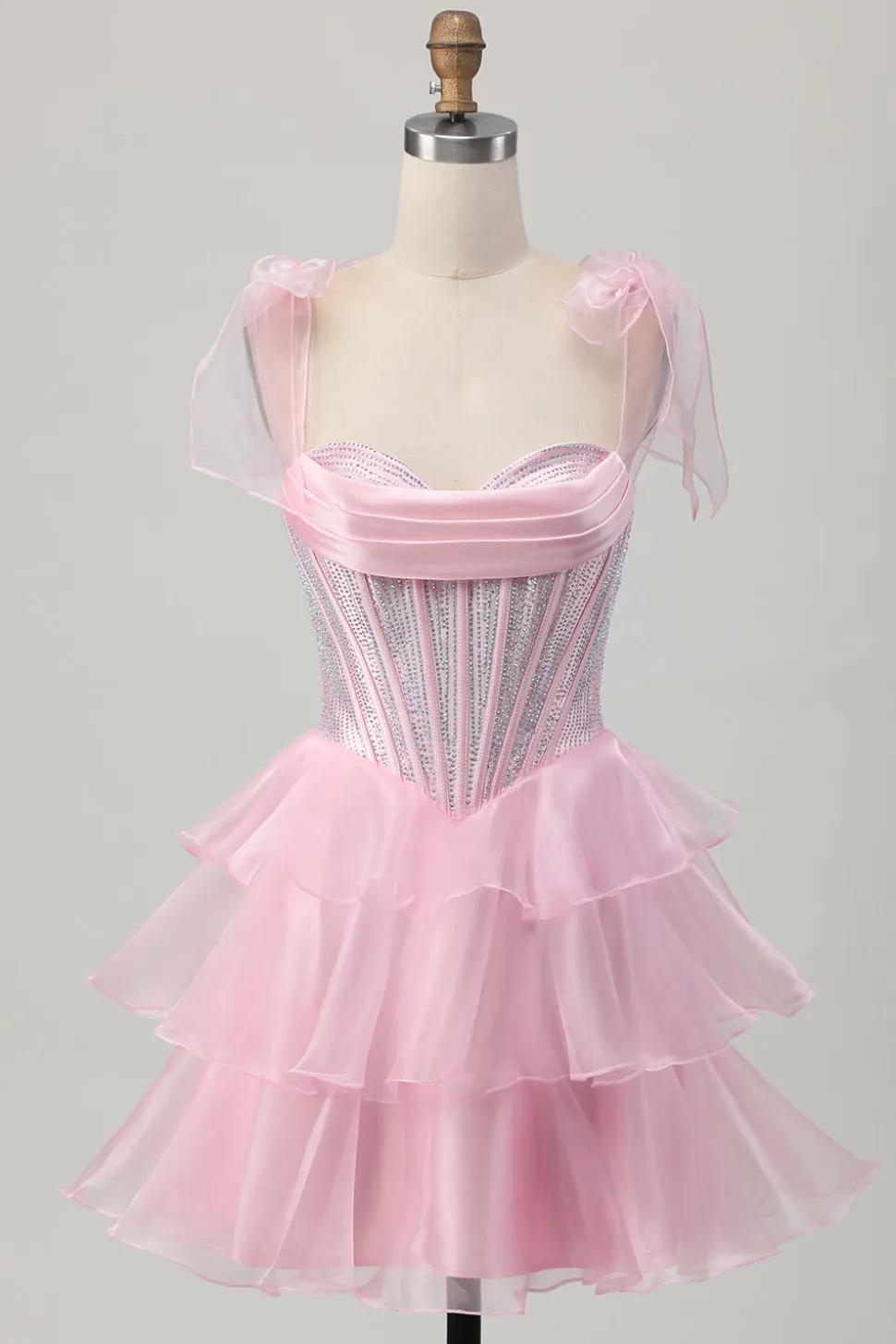 Cintas cor-de-rosa brilhantes Bow Corset Tiered Beaded Homecoming Dress