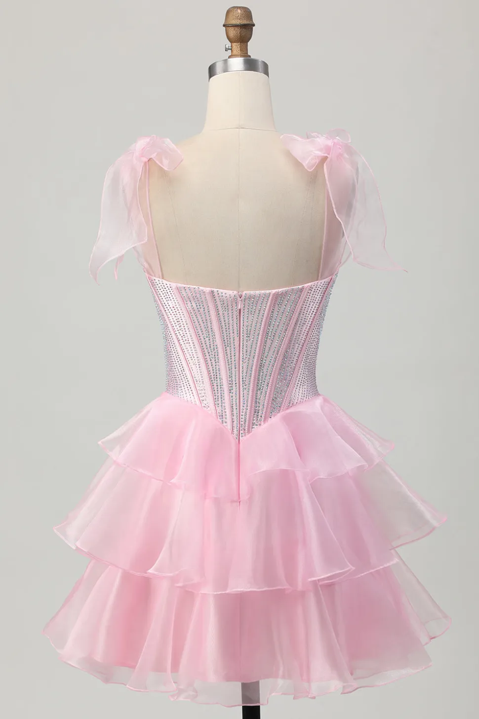 Cintas cor-de-rosa brilhantes Bow Corset Tiered Beaded Homecoming Dress