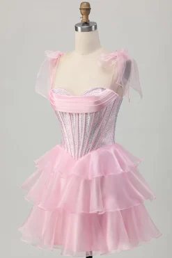 Cintas cor-de-rosa brilhantes Bow Corset Tiered Beaded Homecoming Dress