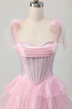 Cintas cor-de-rosa brilhantes Bow Corset Tiered Beaded Homecoming Dress