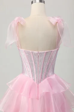 Cintas cor-de-rosa brilhantes Bow Corset Tiered Beaded Homecoming Dress