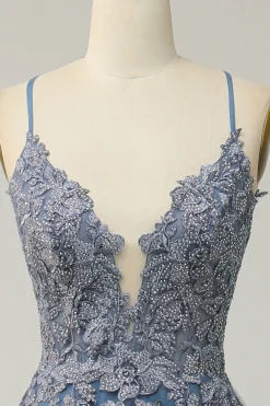Cintas de Espaguete A Line Cinza Azul Vestido de Festa