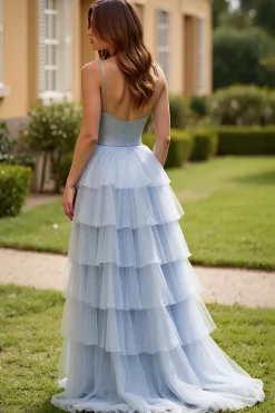 Cintas de Espaguete Azul Brilhante Vestido de Baile de Formatura Longo com Lantejoulas