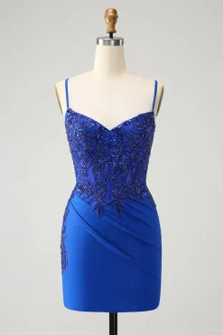 Cintas de espaguete azul brilhante apertado Homecoming vestido com frisar