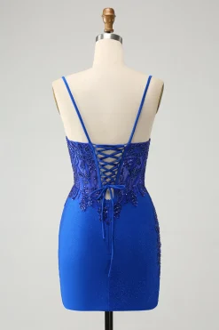 Cintas de espaguete azul brilhante apertado Homecoming vestido com frisar