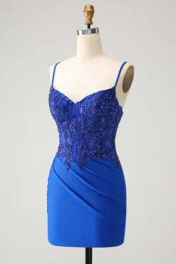 Cintas de espaguete azul brilhante apertado Homecoming vestido com frisar