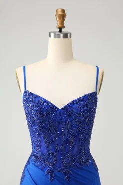 Cintas de espaguete azul brilhante apertado Homecoming vestido com frisar