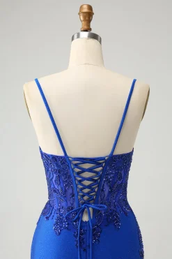 Cintas de espaguete azul brilhante apertado Homecoming vestido com frisar
