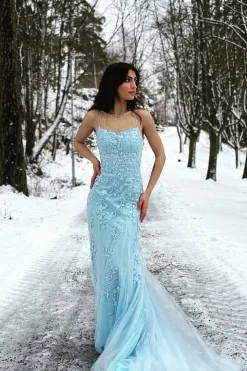 Cintas de Espaguete Azul Vestido de Festa Com Apliques