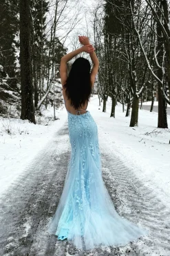 Cintas de Espaguete Azul Vestido de Festa Com Apliques