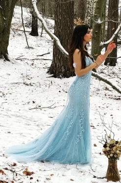Cintas de Espaguete Azul Vestido de Festa Com Apliques