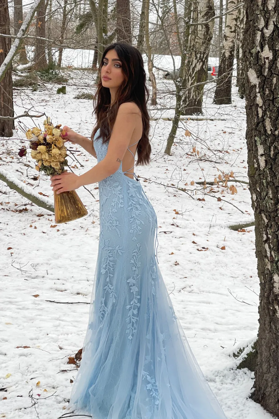 Cintas de Espaguete Azul Vestido de Festa Com Apliques