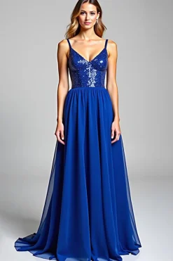 Cintas de Espaguete Azul Real Chiffon Vestido de Baile Longo com Lantejoulas