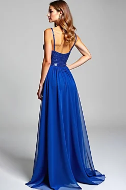 Cintas de Espaguete Azul Real Chiffon Vestido de Baile Longo com Lantejoulas