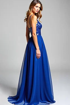 Cintas de Espaguete Azul Real Chiffon Vestido de Baile Longo com Lantejoulas