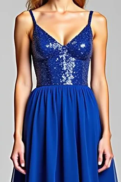 Cintas de Espaguete Azul Real Chiffon Vestido de Baile Longo com Lantejoulas