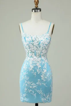 Cintas de Espaguete Azul Claro Vestido de Cocktail com Apliques