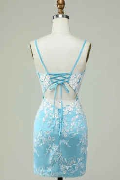 Cintas de Espaguete Azul Claro Vestido de Cocktail com Apliques