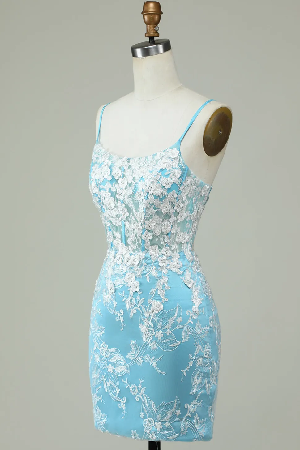 Cintas de Espaguete Azul Claro Vestido de Cocktail com Apliques