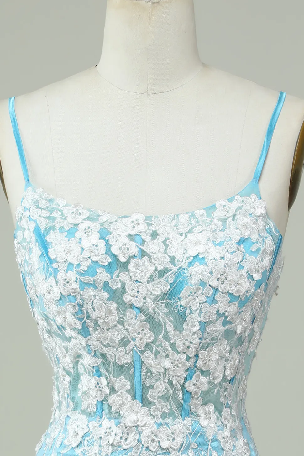 Cintas de Espaguete Azul Claro Vestido de Cocktail com Apliques
