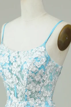 Cintas de Espaguete Azul Claro Vestido de Cocktail com Apliques