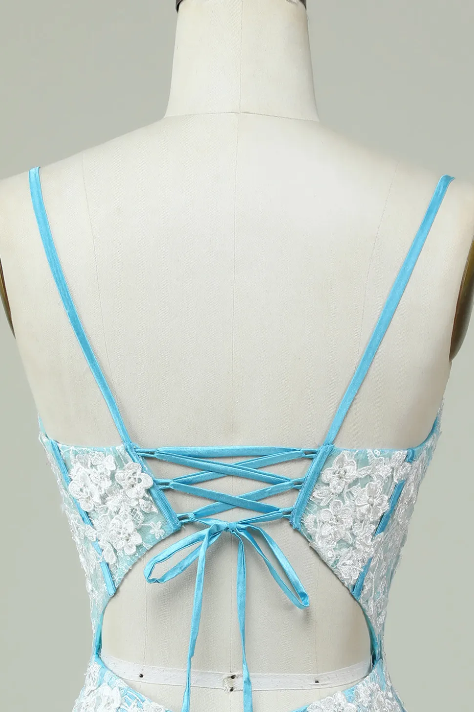 Cintas de Espaguete Azul Claro Vestido de Cocktail com Apliques