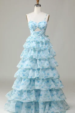Cintas de Espaguete Azul Vestido de Dama de Honor