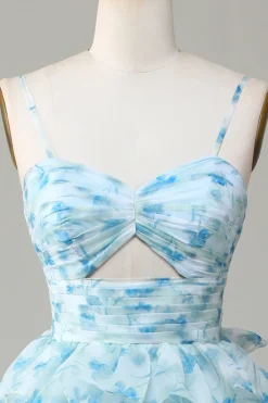 Cintas de Espaguete Azul Vestido de Dama de Honor