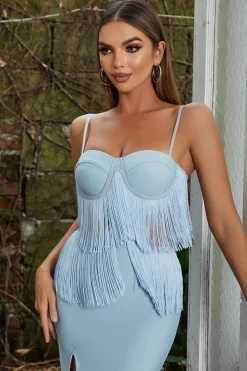Cintas de Espaguete Azul Claro Vestido de Festa Franjas