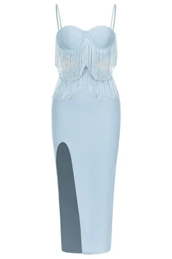 Cintas de Espaguete Azul Claro Vestido de Festa Franjas