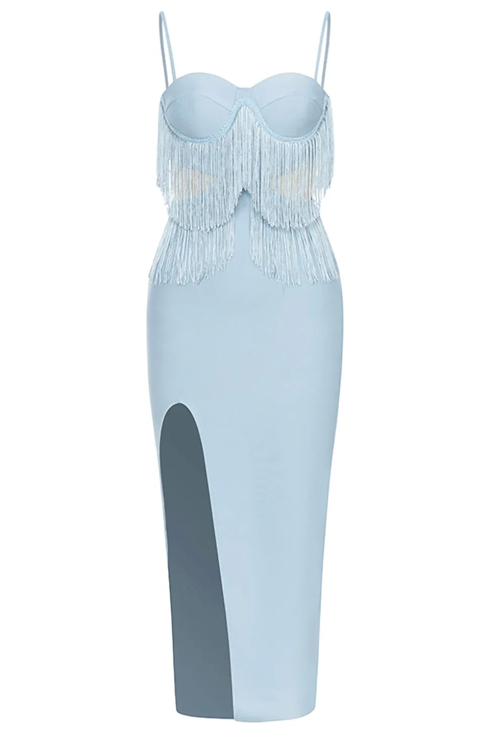 Cintas de Espaguete Azul Claro Vestido de Festa Franjas