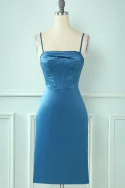 Cintas de espaguete azul vestido de hoco apertado